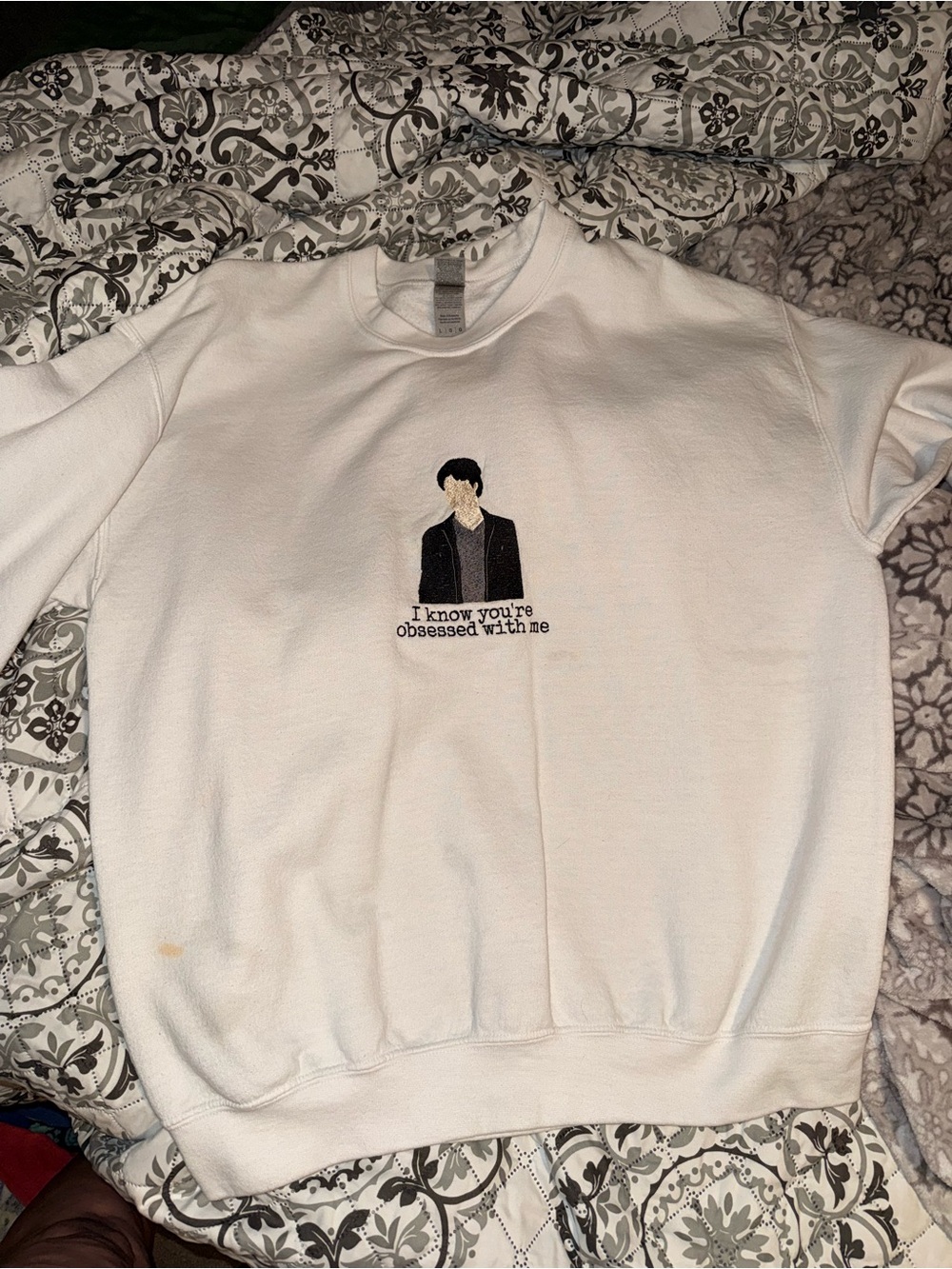 White Graphic Crewneck Sweatshirt with Embroidered Illustration
